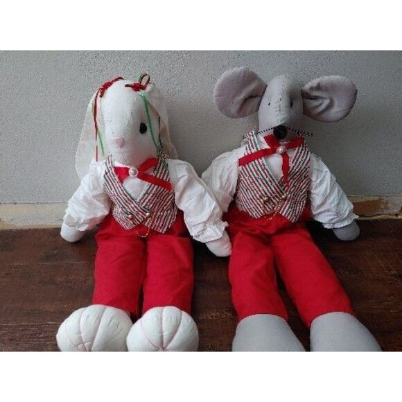 Vintage Handmade Bunny Rabbit With Floppy Ears And Christmas Mouse - Picture 1 of 14
